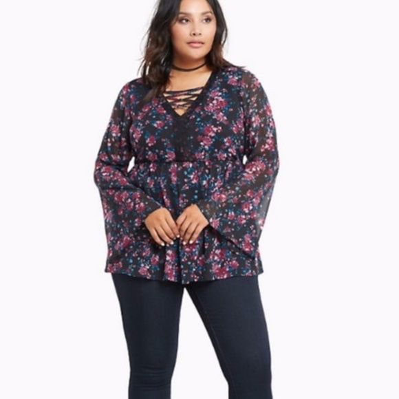 Torrid Floral Print Chiffon Lace Up Top - Picture 1 of 7
